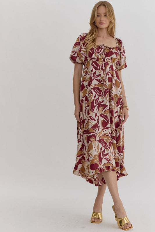 Leaf Print Square Neck Bubble Sleeve Midi Dress - Wine