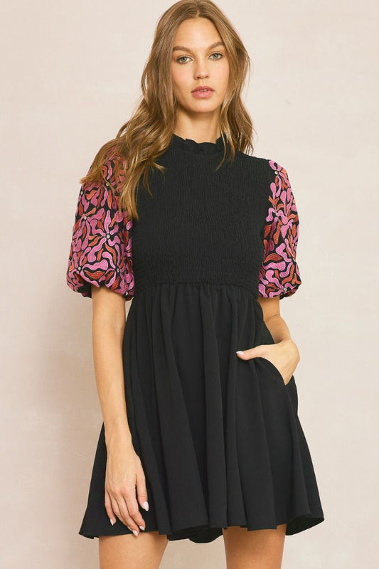 Solid Frill Neck Smocked Dress W/ Embroidered Puff Sleeve