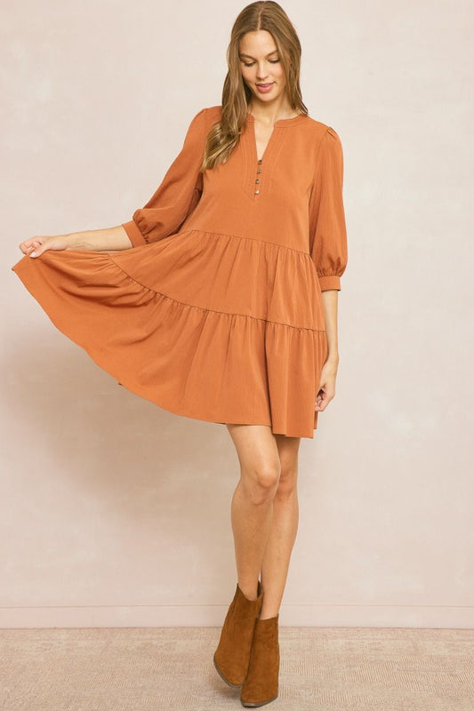 Solid 3/4 Sleeve Button V-Neck Detail Tiered Dress