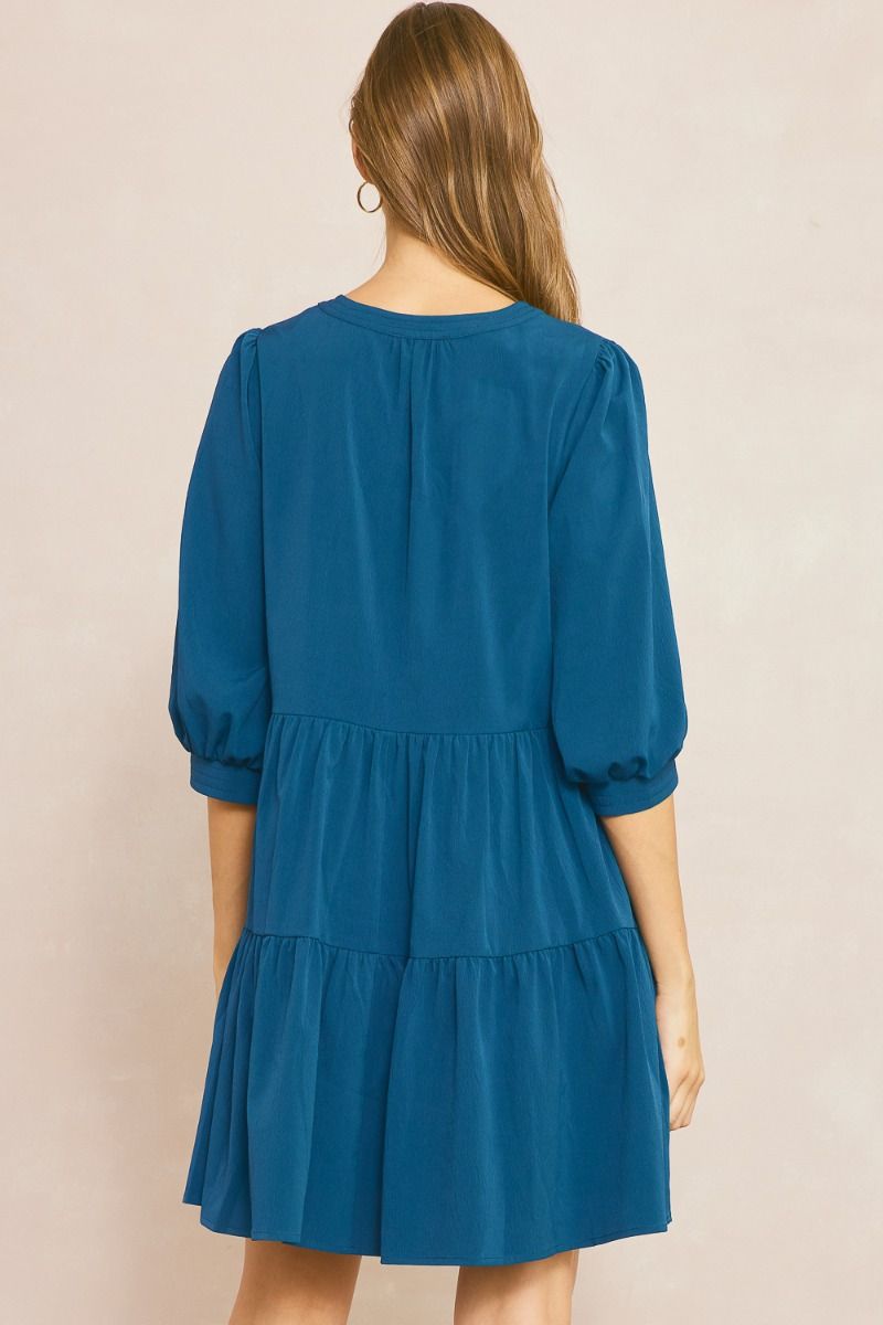 Solid 3/4 Sleeve Button V-Neck Detail Tiered Dress