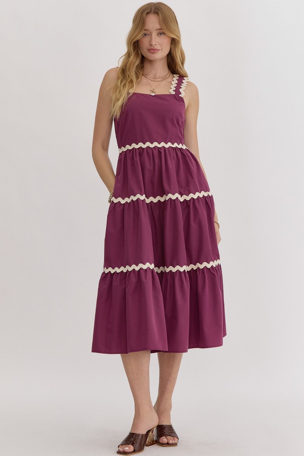 Sleeveless Square Neck Ric Rac Tiered Midi Dress - Plum