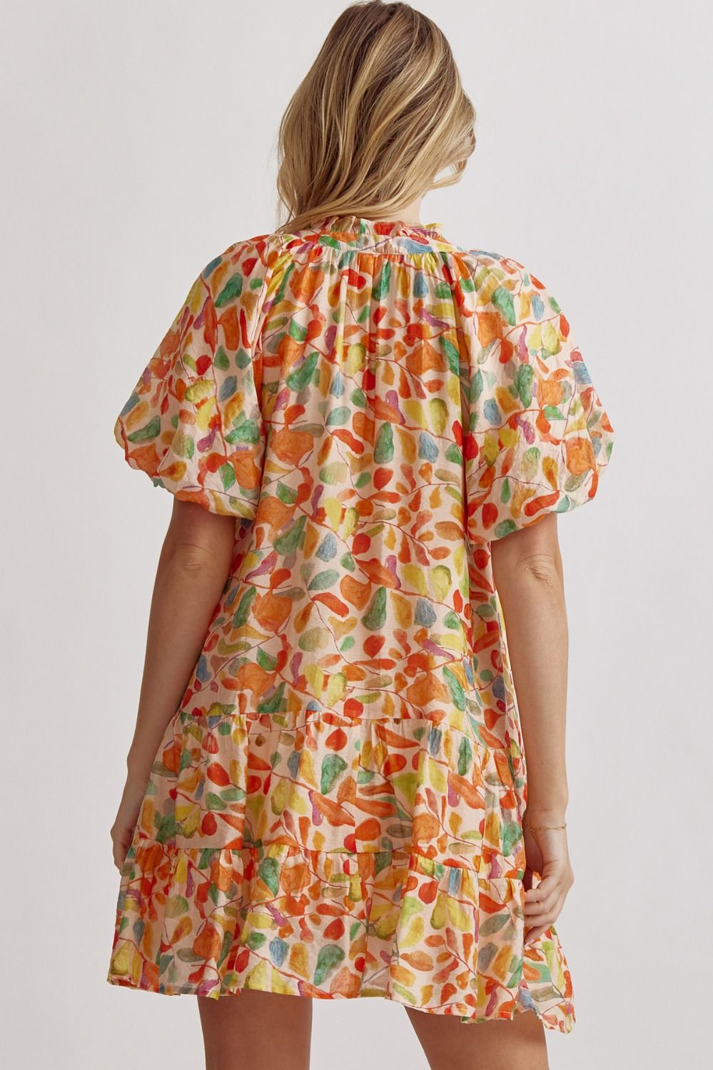 Leaf Print Bubble Sleeve Tiered Dress - Orange
