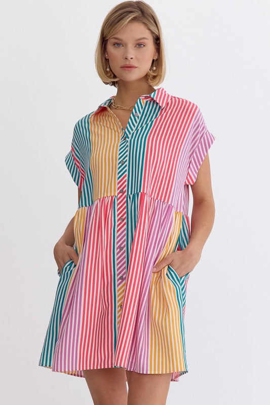 Striped Collared Button Front Pocket Dress - Multi