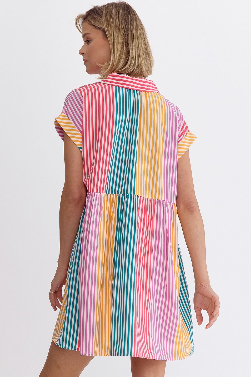 Striped Collared Button Front Pocket Dress - Multi