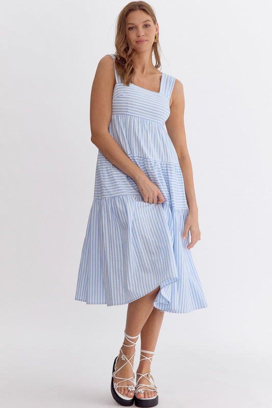 Sleeveless Striped Square Neck Tiered Midi Dress - Blue