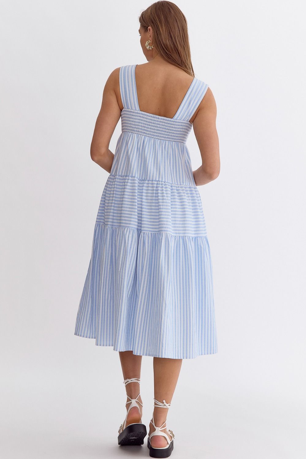Sleeveless Striped Square Neck Tiered Midi Dress - Blue