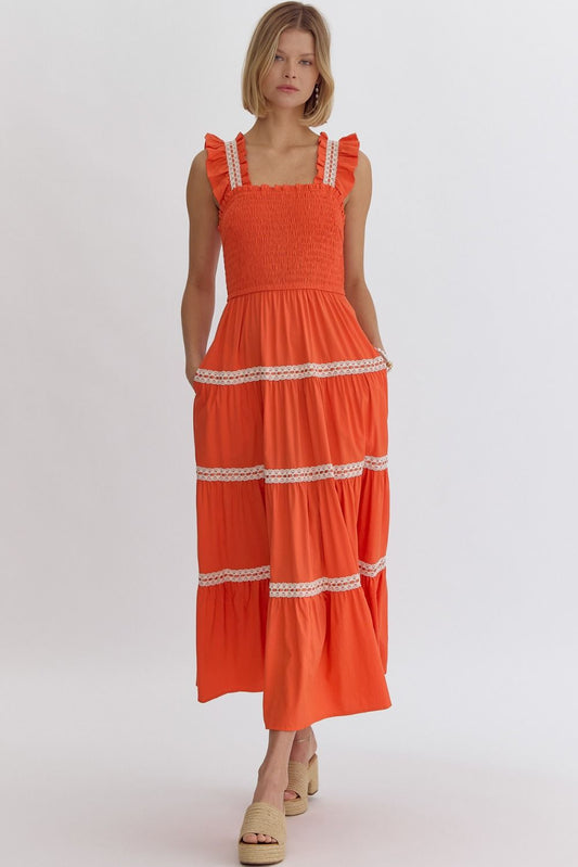 Solid Square Neck Smocked Top Lace Trim Midi Dress - Orange