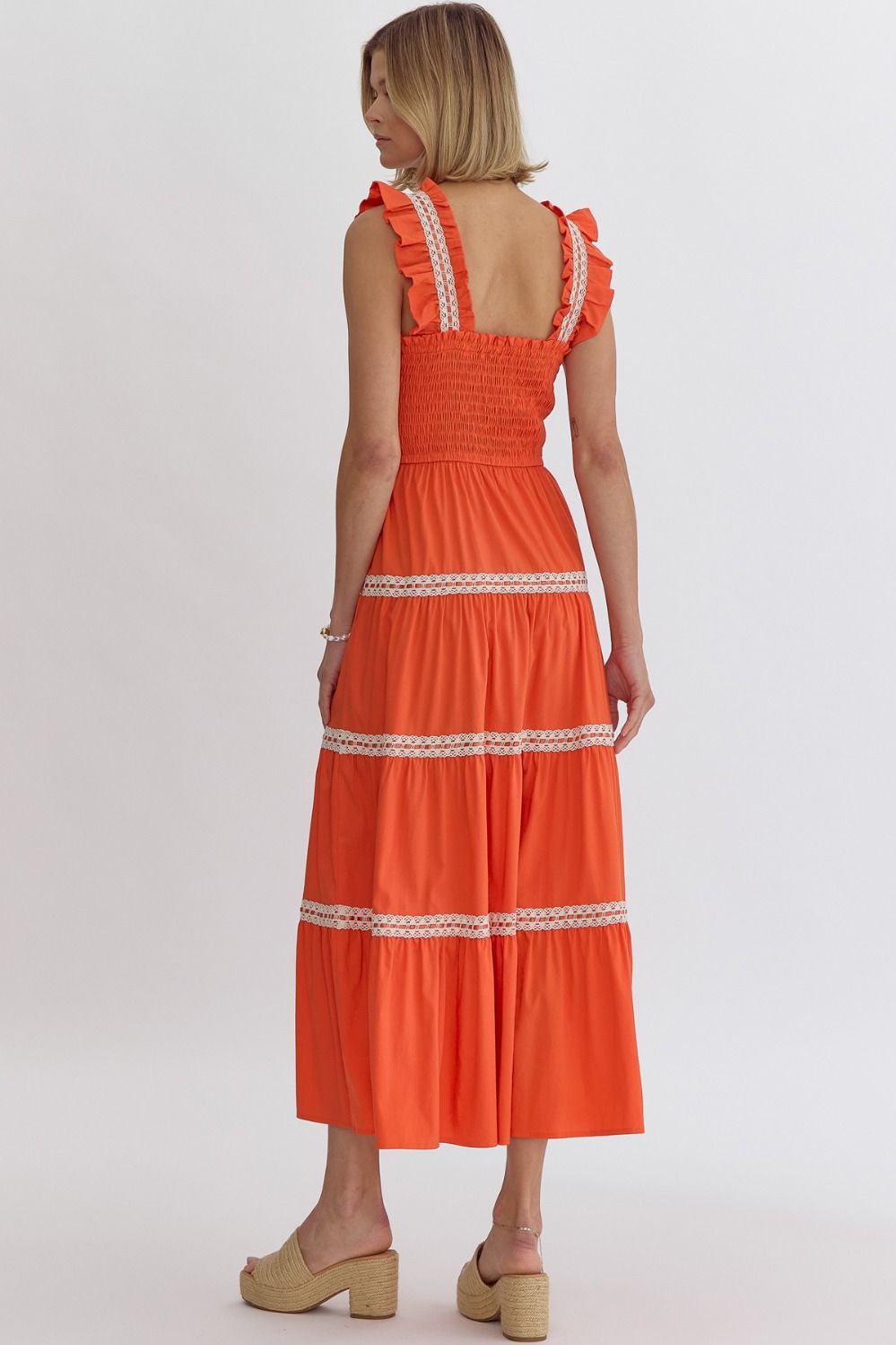 Solid Square Neck Smocked Top Lace Trim Midi Dress - Orange