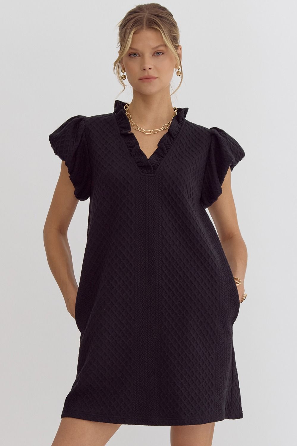 Textured Ruffle V-Neck Bubble Sleeve Dress