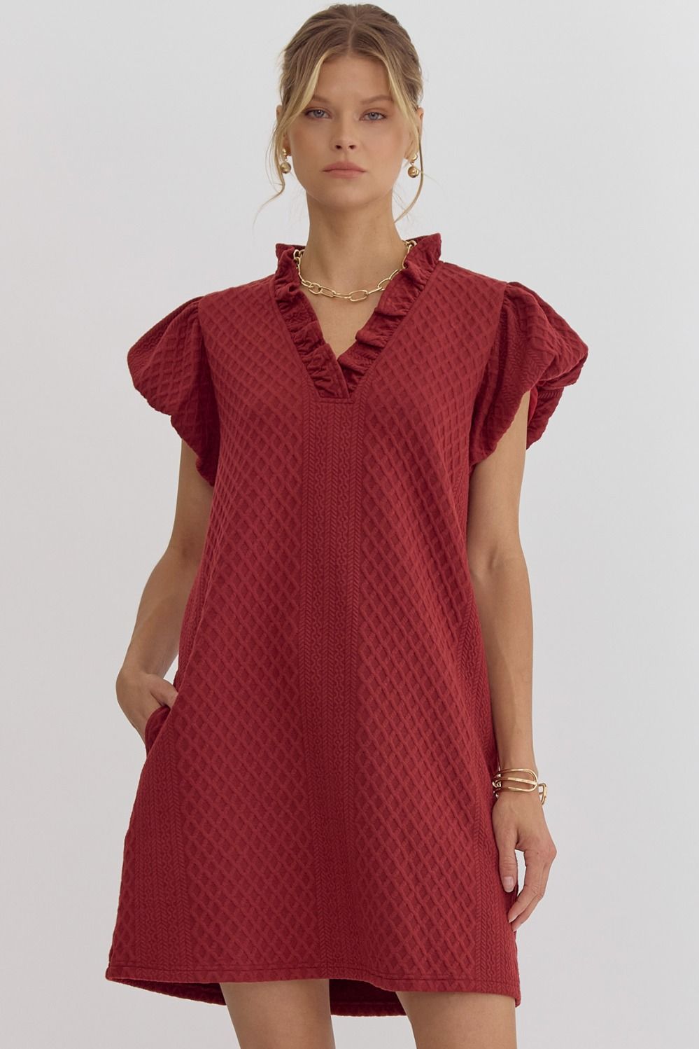 Textured Ruffle V-Neck Bubble Sleeve Dress