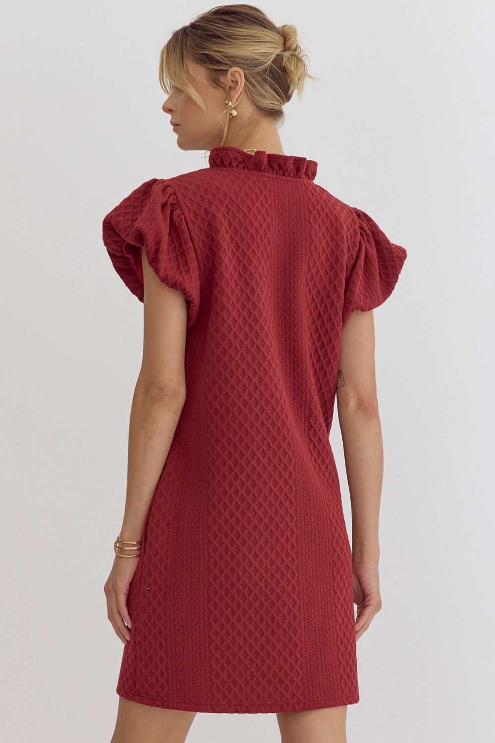 Textured Ruffle V-Neck Bubble Sleeve Dress