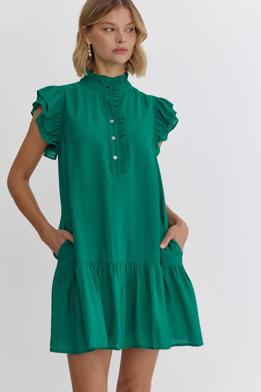 Solid Frill Neck Ruffle Button Placket & Sleeve Dress