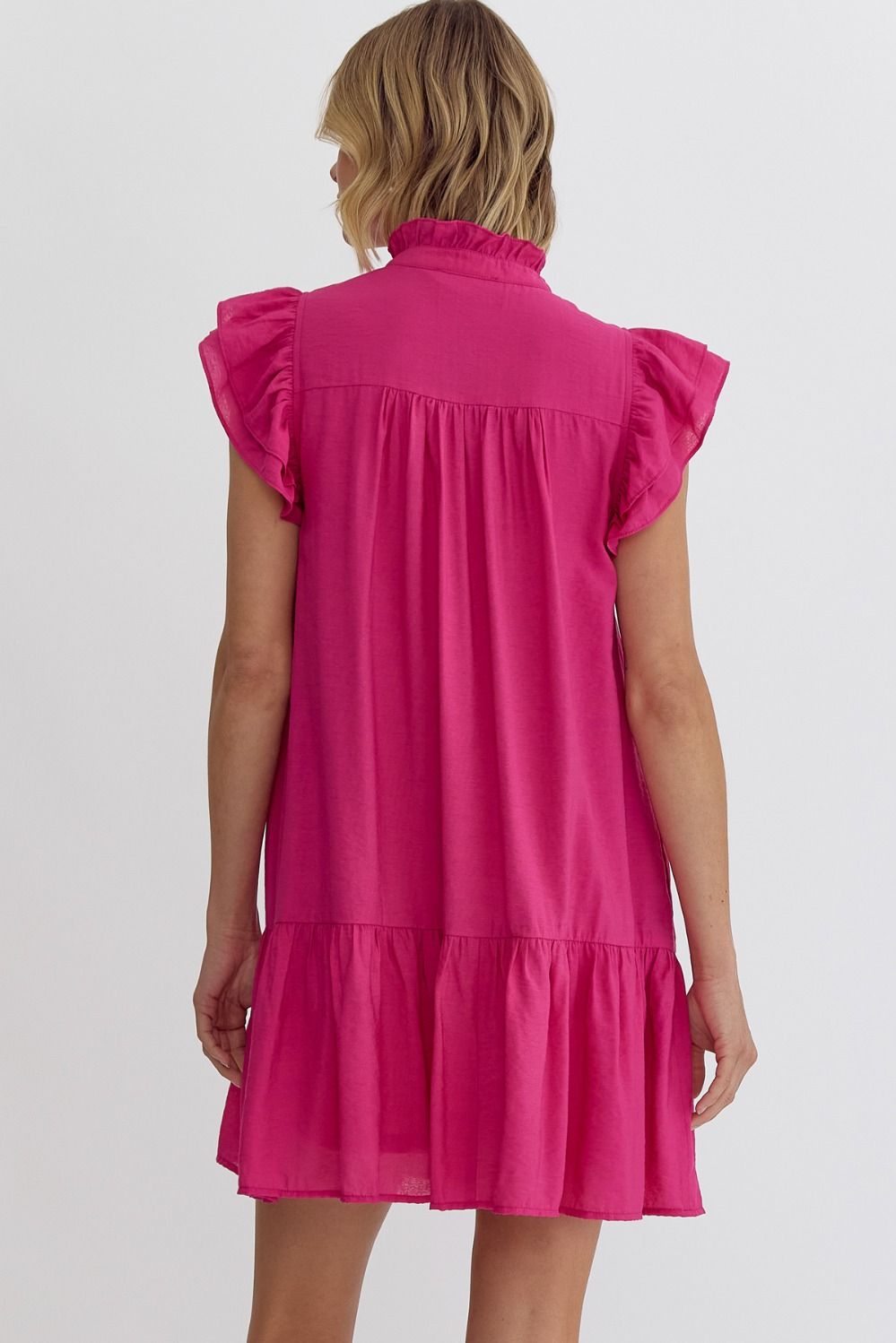 Solid Frill Neck Ruffle Button Placket & Sleeve Dress