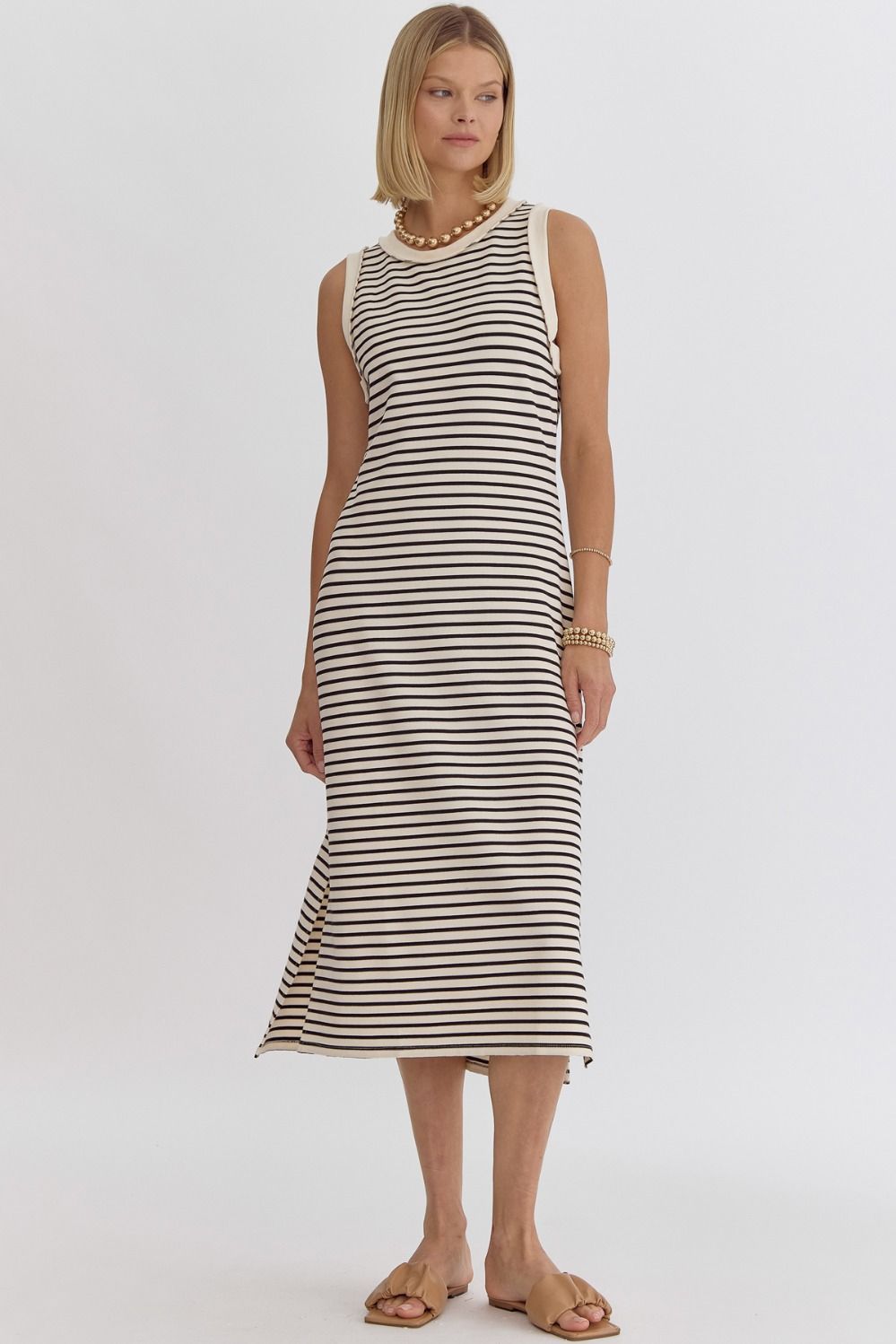 Ribbed Striped Sleeveless Midi Dress - Cream