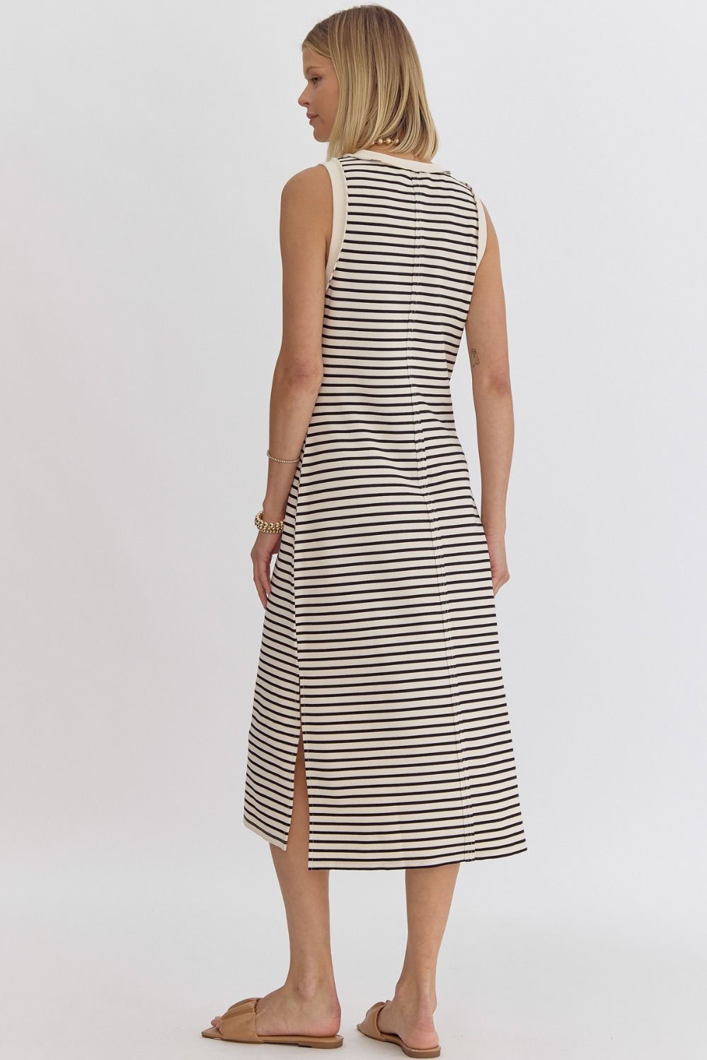 Ribbed Striped Sleeveless Midi Dress - Cream