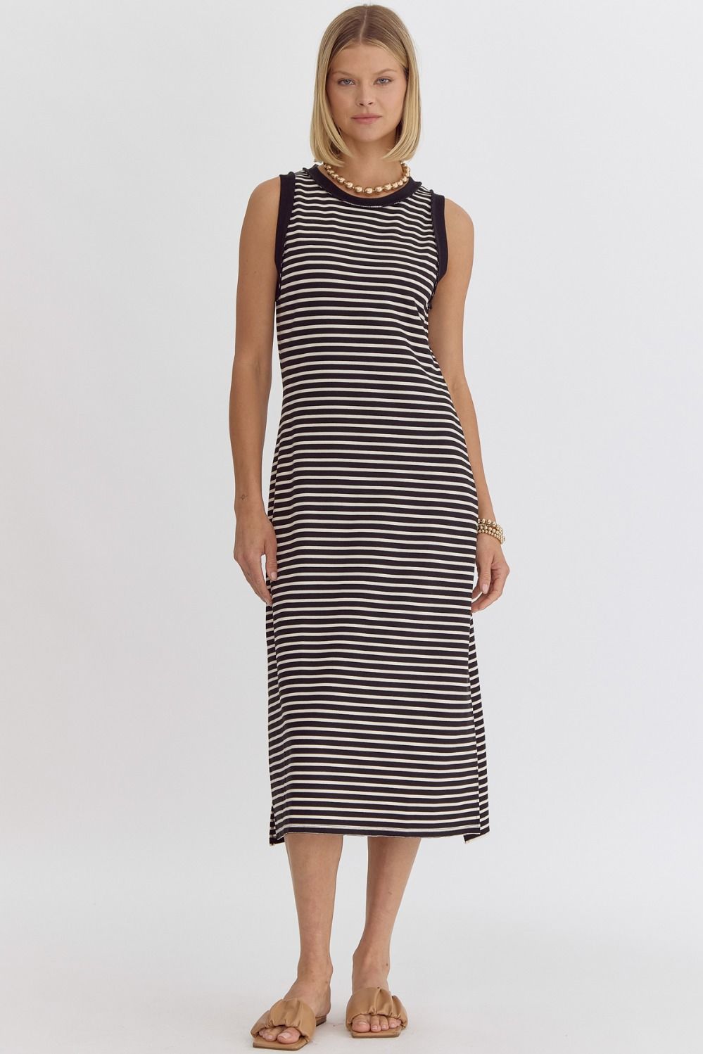 Ribbed Striped Sleeveless Midi Dress - Black