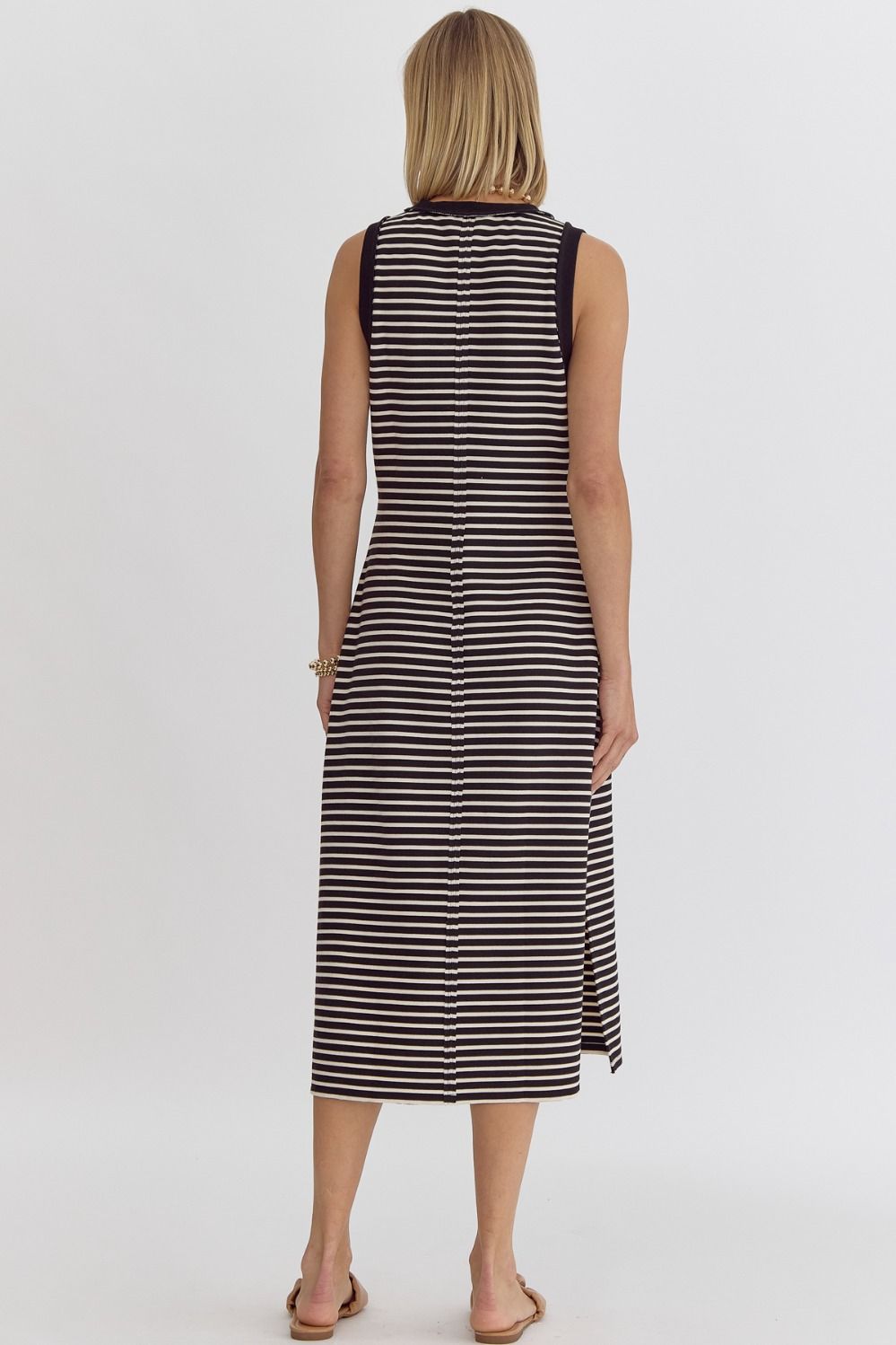 Ribbed Striped Sleeveless Midi Dress - Black