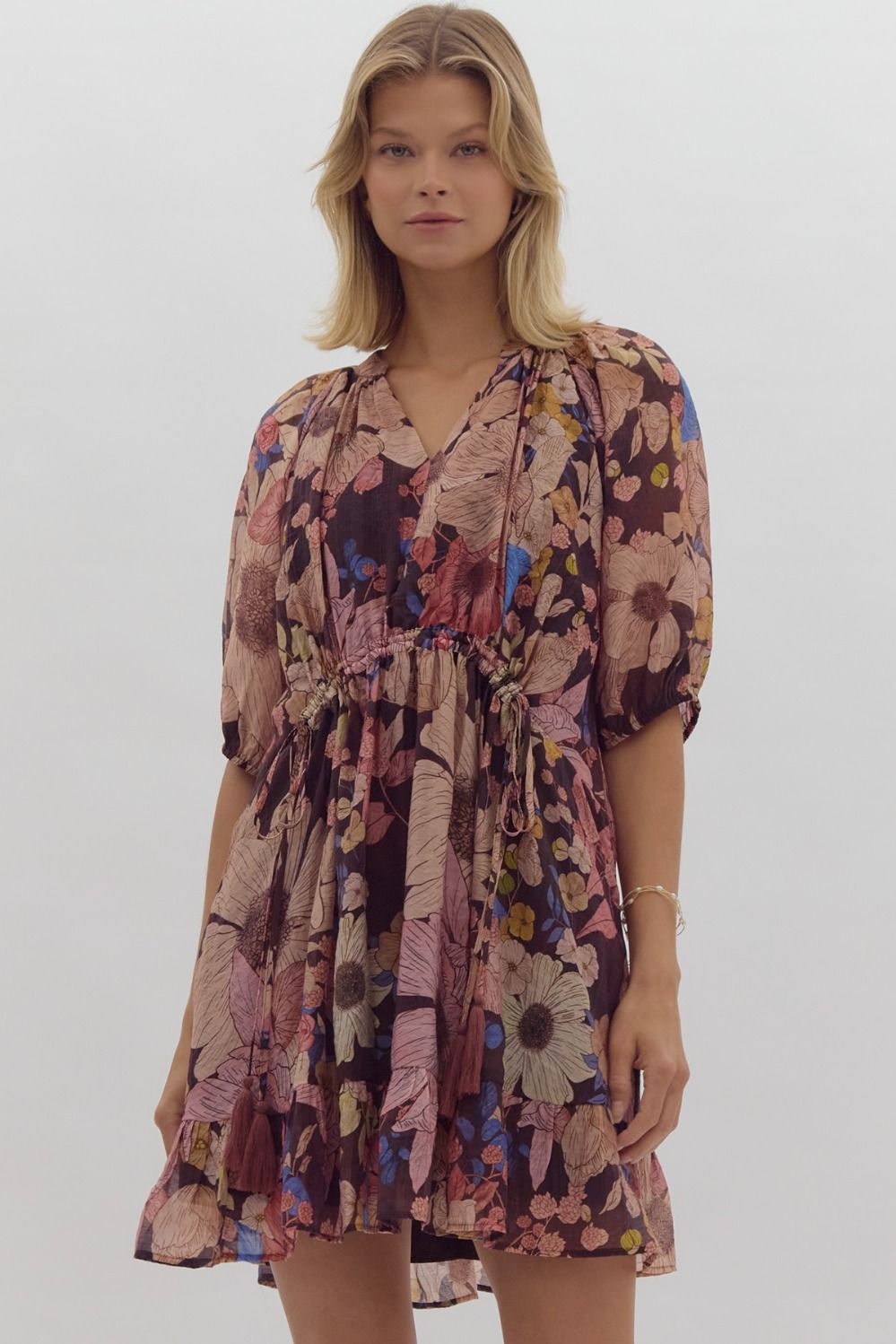 Floral V-Neck Tie Waist Cuffed Sleeve Dress - Brown