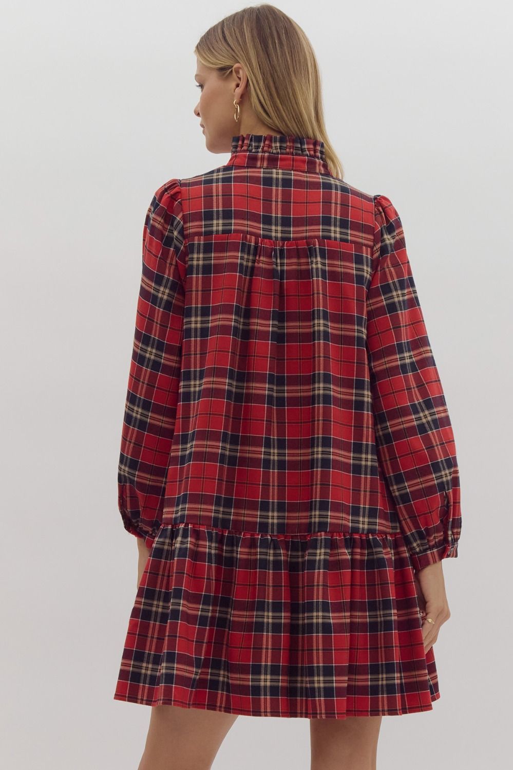 Plaid V-Neck Long Sleeve Tiered Dress - Red