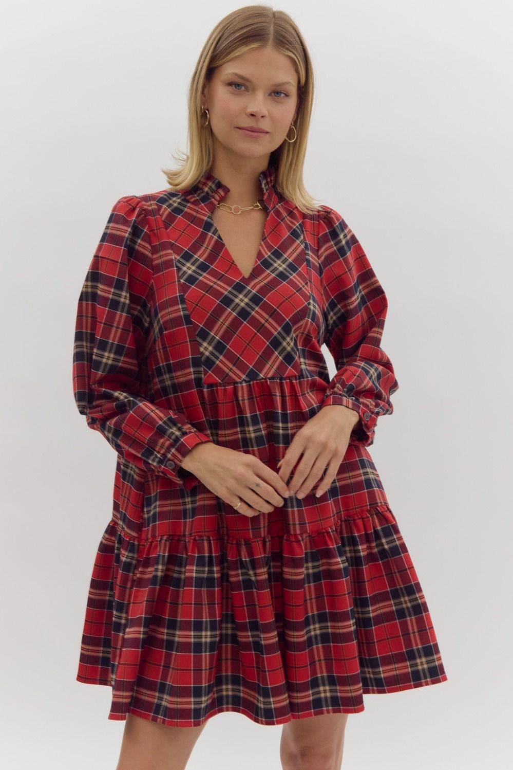 Plaid V-Neck Long Sleeve Tiered Dress - Red