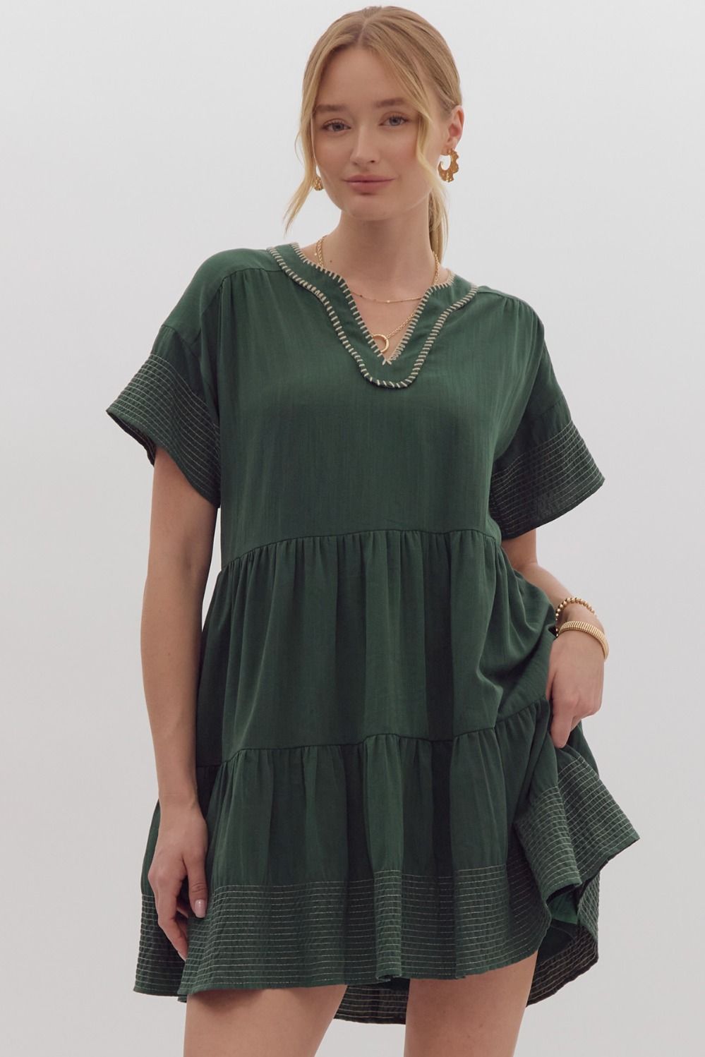 Solid Contrast Placket Detail Tiered Dress - Green