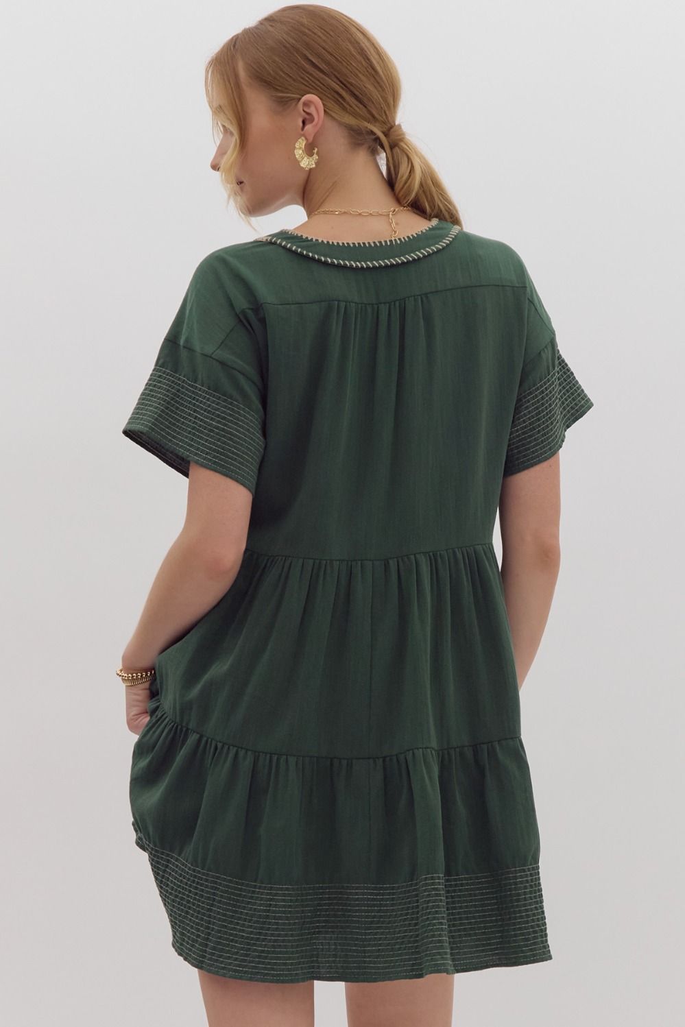 Solid Contrast Placket Detail Tiered Dress - Green