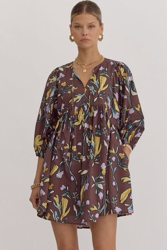 Floral 1/2 Sleeve Tie Neck Dress - Espresso