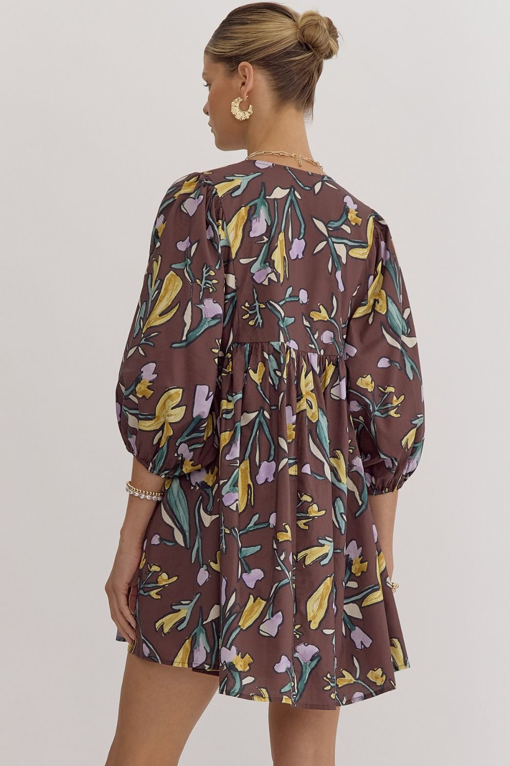 Floral 1/2 Sleeve Tie Neck Dress - Espresso