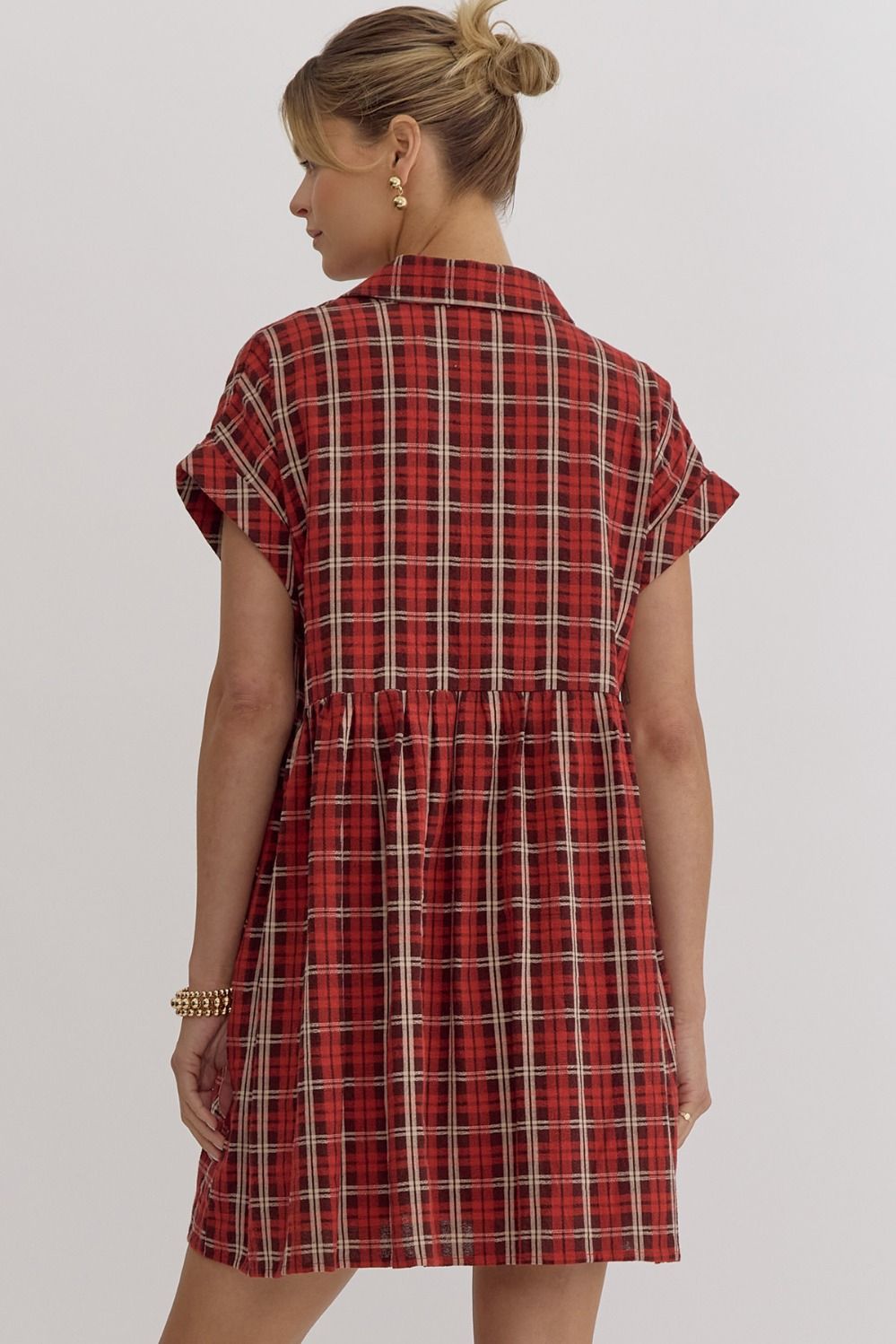 Collared Plaid Button Down Dress - Red