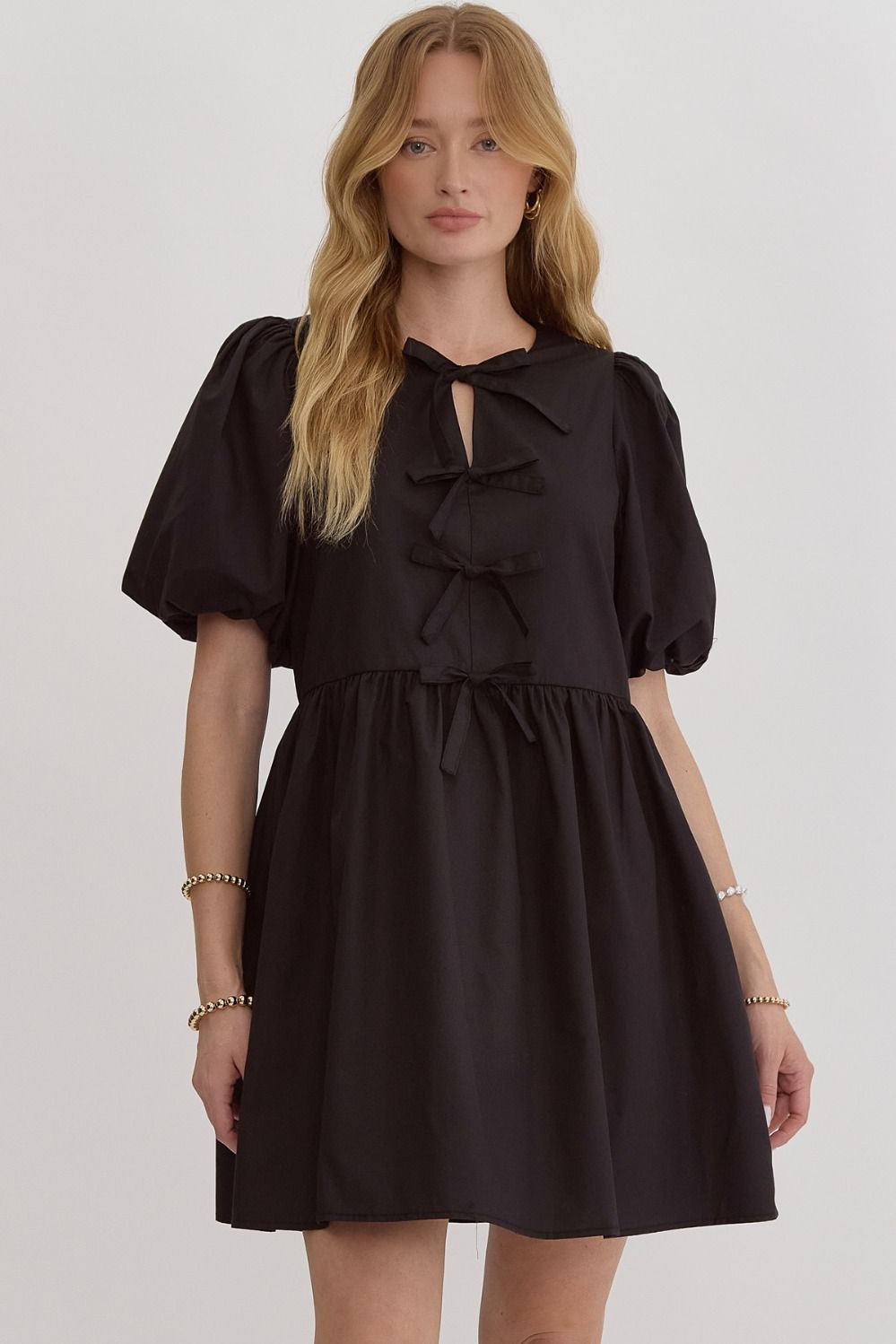 Solid Bubble Sleeve Bow Detail Dress