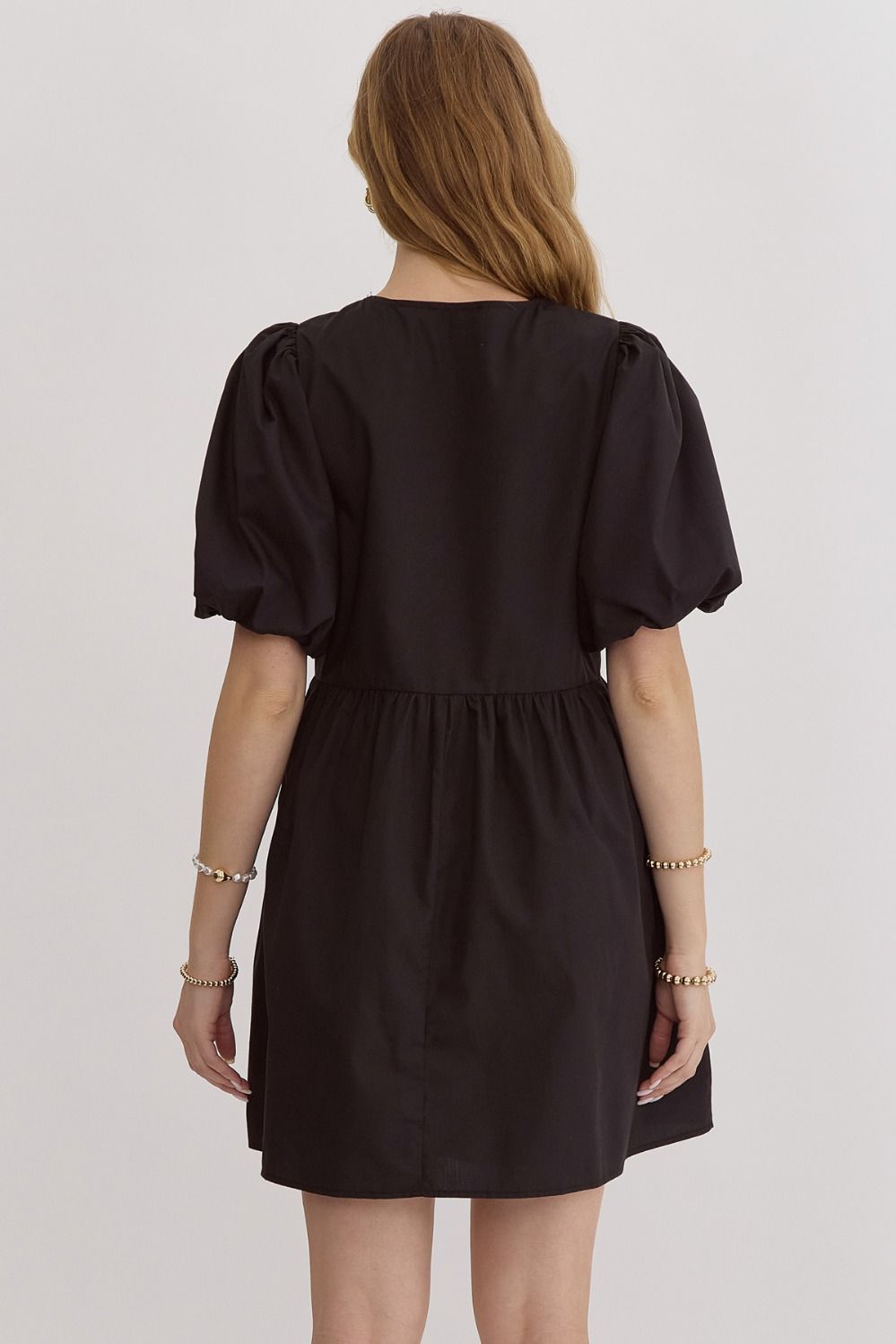 Solid Bubble Sleeve Bow Detail Dress