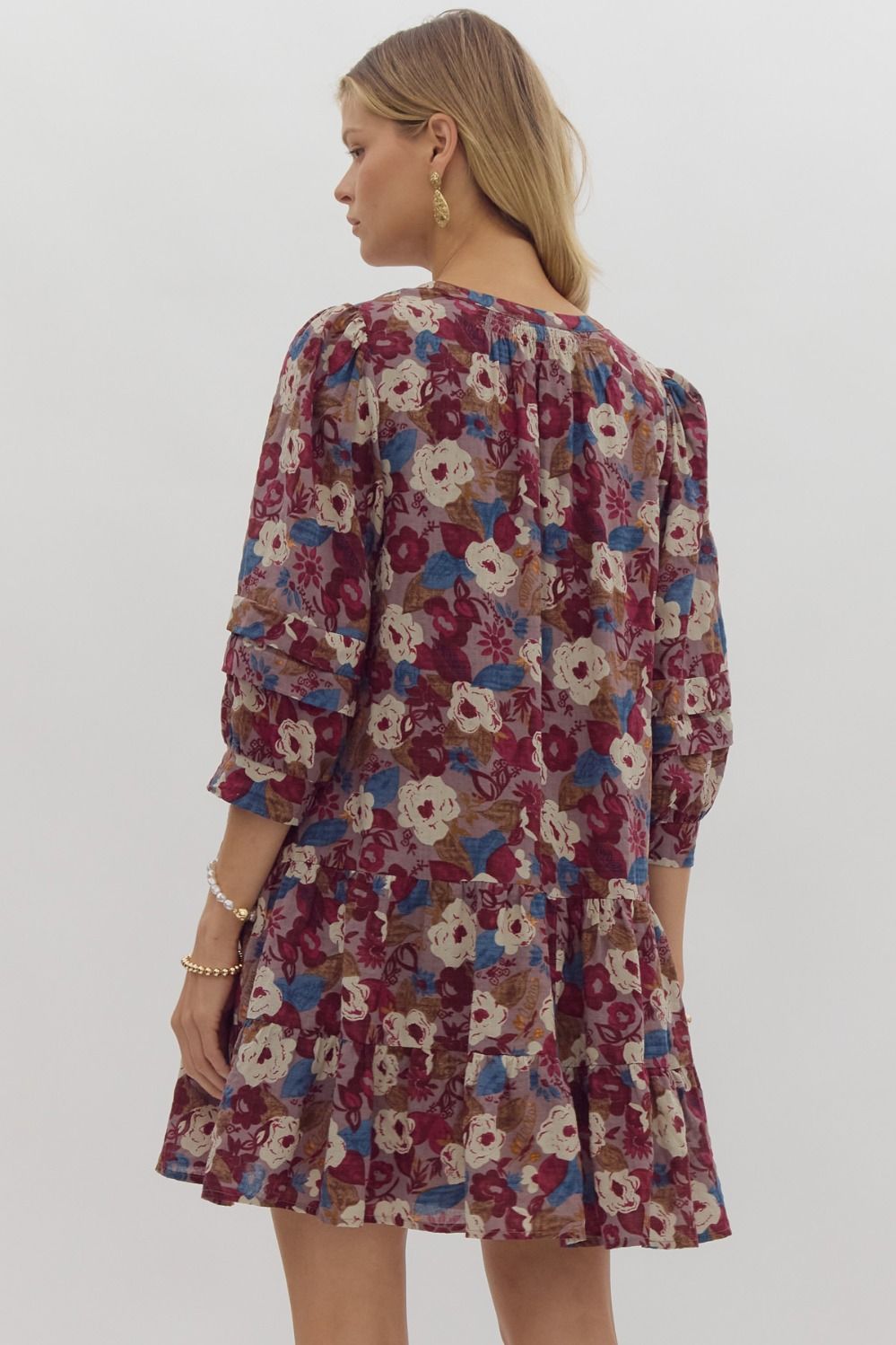 Floral 3/4 Sleeve Button Detail Tiered Dress - Mauve