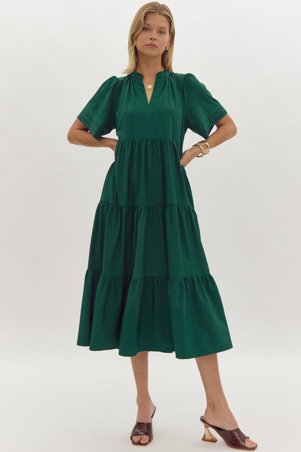 Solid V- Neck Tiered Sleeve Midi Dress