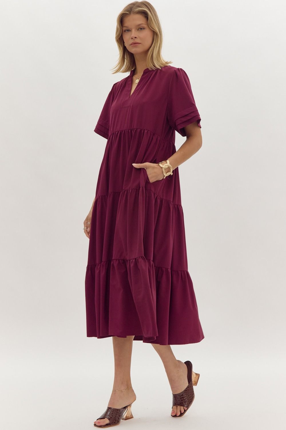 Solid V- Neck Tiered Sleeve Midi Dress