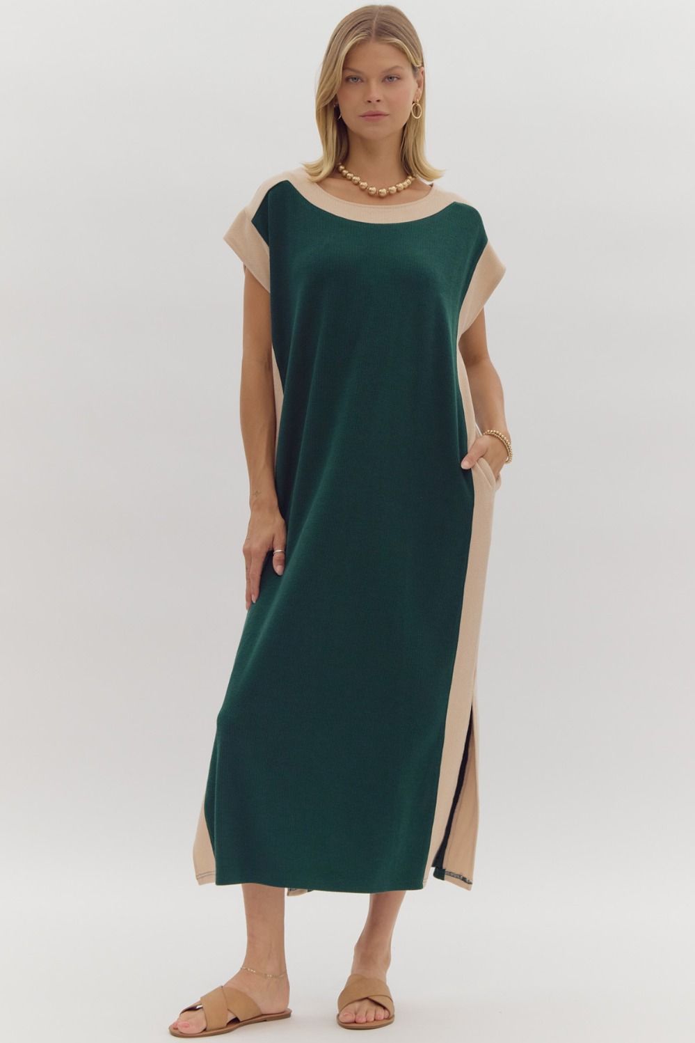 Solid Cap Sleeve Contrast Trim Midi Dress