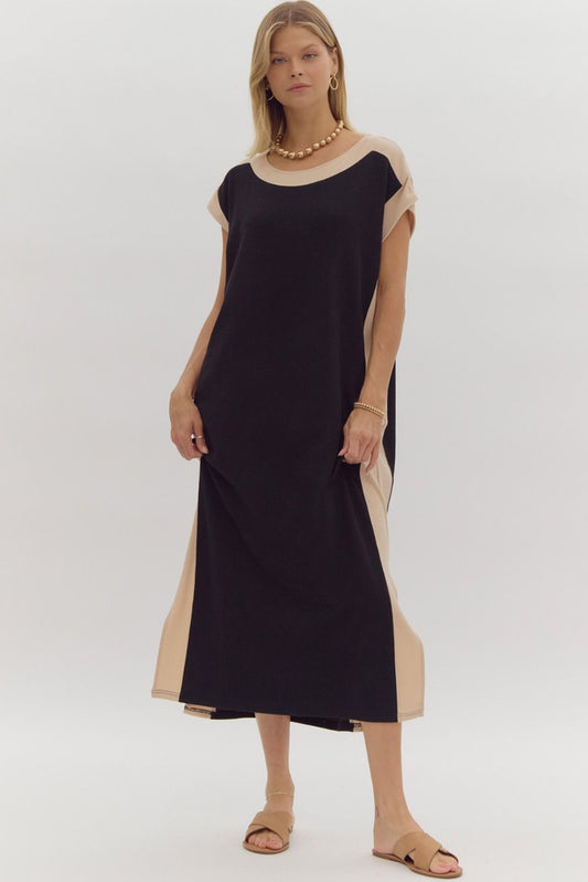 Solid Cap Sleeve Contrast Trim Midi Dress