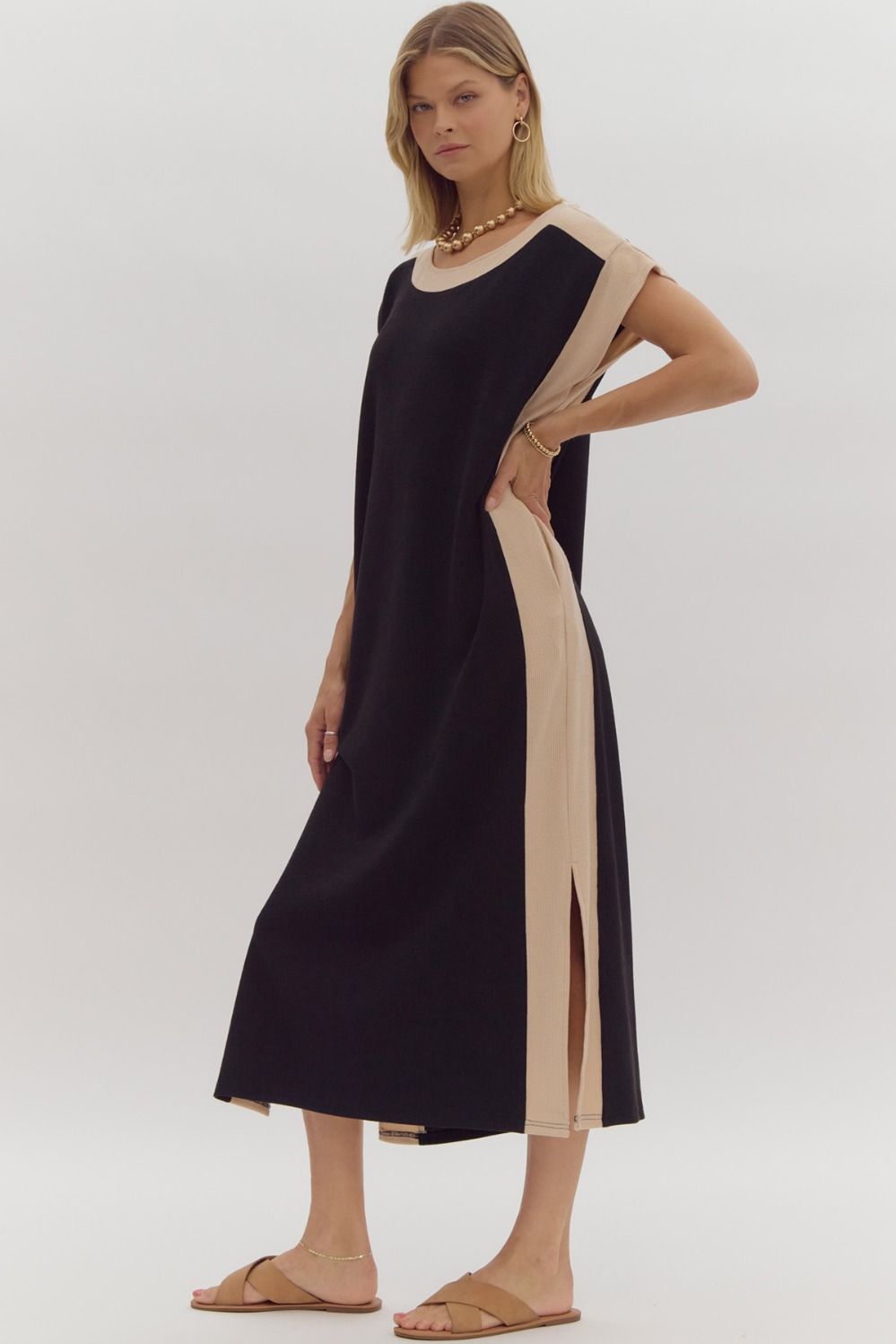 Solid Cap Sleeve Contrast Trim Midi Dress