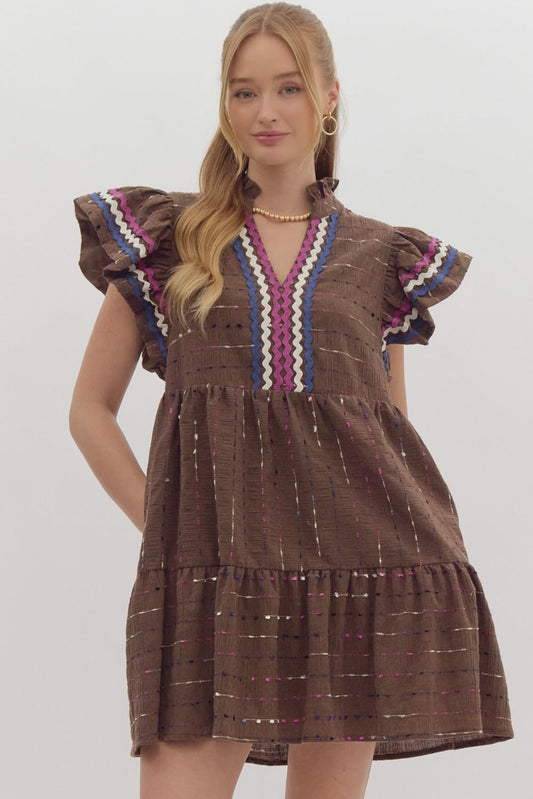 Ric Rac & Stripe Detail Tiered Dress - Brown