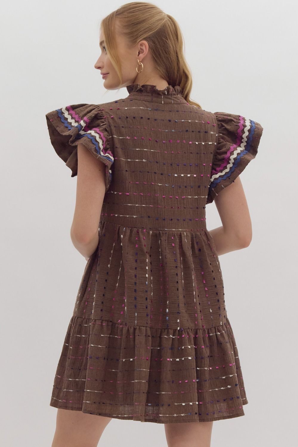 Ric Rac & Stripe Detail Tiered Dress - Brown