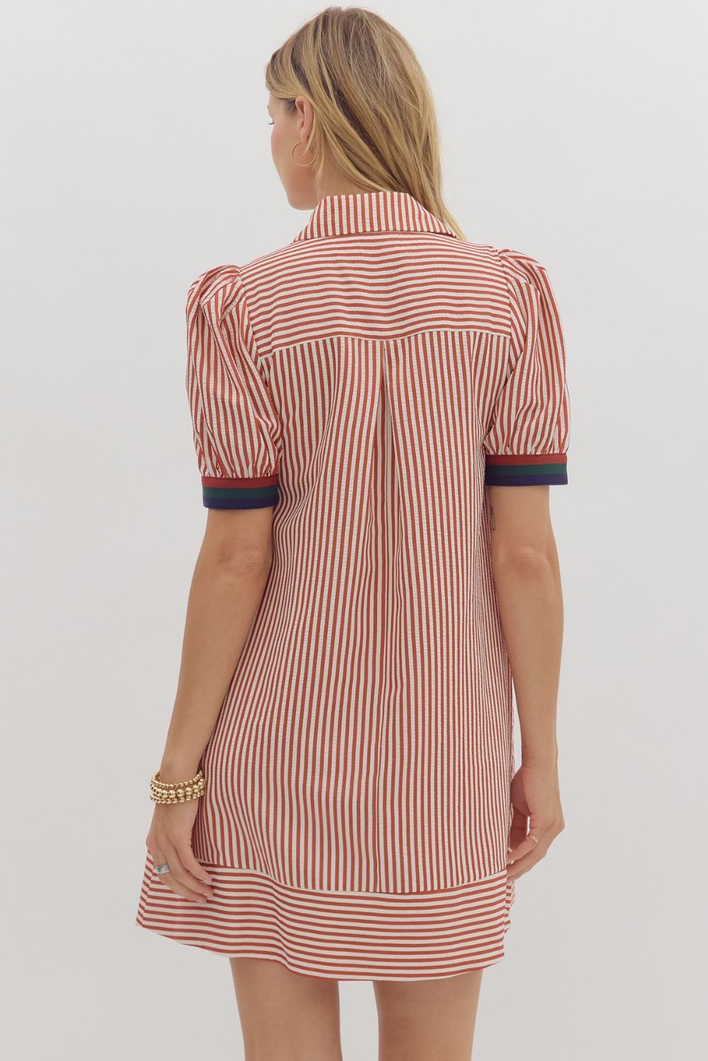 Striped Button Contrast Placket Puff Sleeve Dress