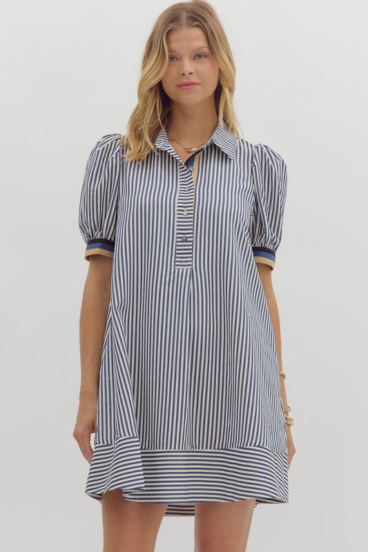 Striped Button Contrast Placket Puff Sleeve Dress