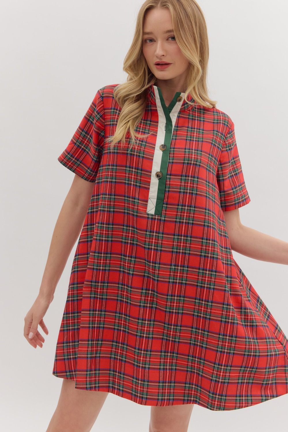 Plaid Contrast Button Placket Swing Dress-Red