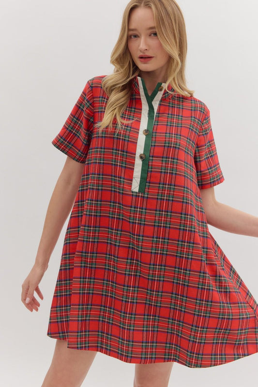 Plaid Contrast Button Placket Swing Dress-Red