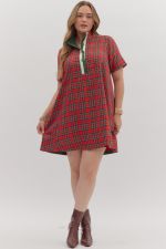 Plaid Contrast Button Placket Swing Dress-Red