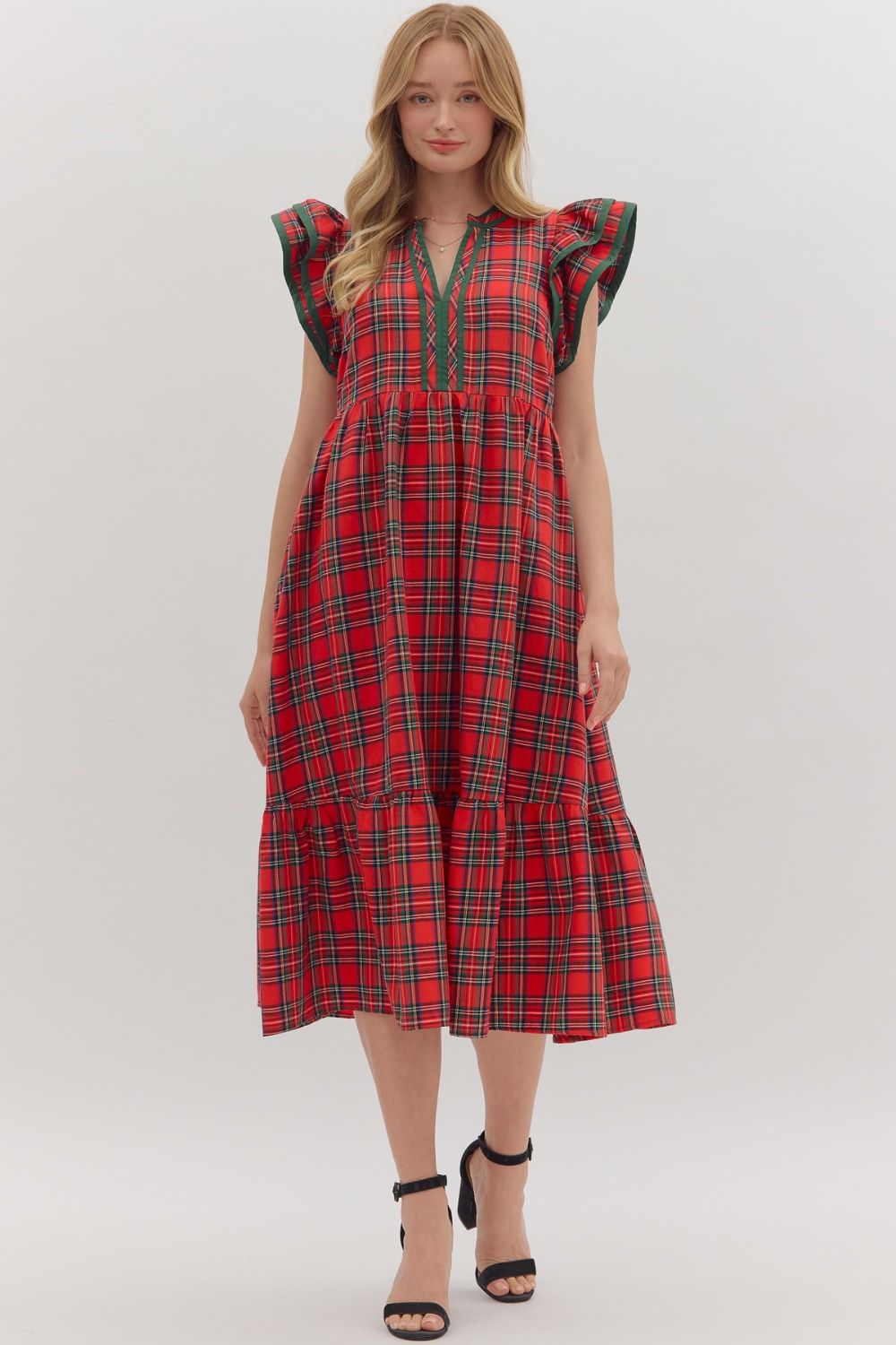 Plaid Ruffle Flutter Sleeve Midi Dress-Red