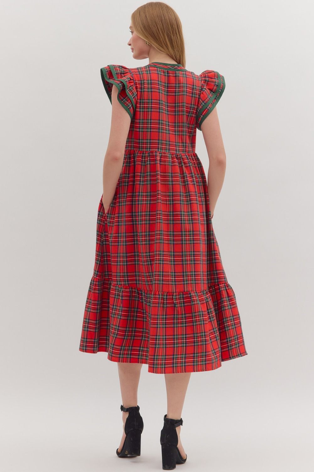 Plaid Ruffle Flutter Sleeve Midi Dress-Red