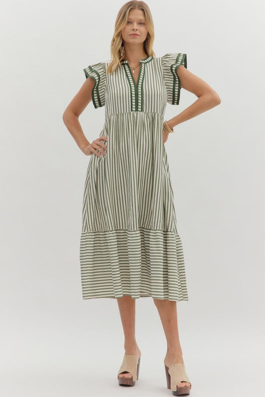 Multi Striped Tiered Flutter Sleeve Midi Dress