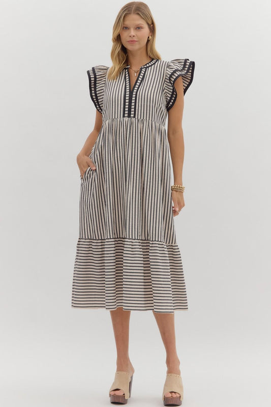 Multi Striped Tiered Flutter Sleeve Midi Dress