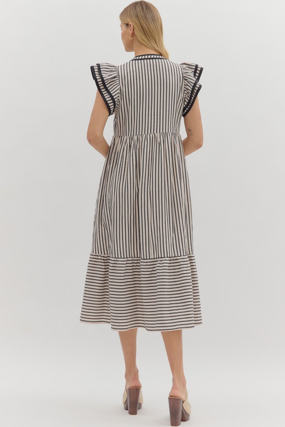 Multi Striped Tiered Flutter Sleeve Midi Dress