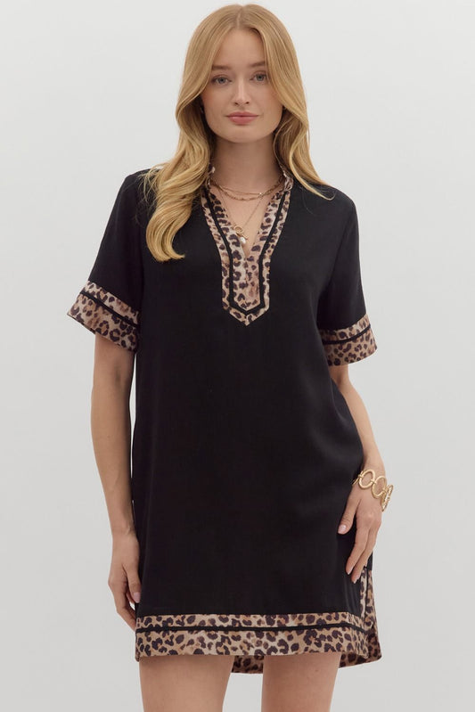Solid Split Placket Dress w/Leopard Band Trim-Black